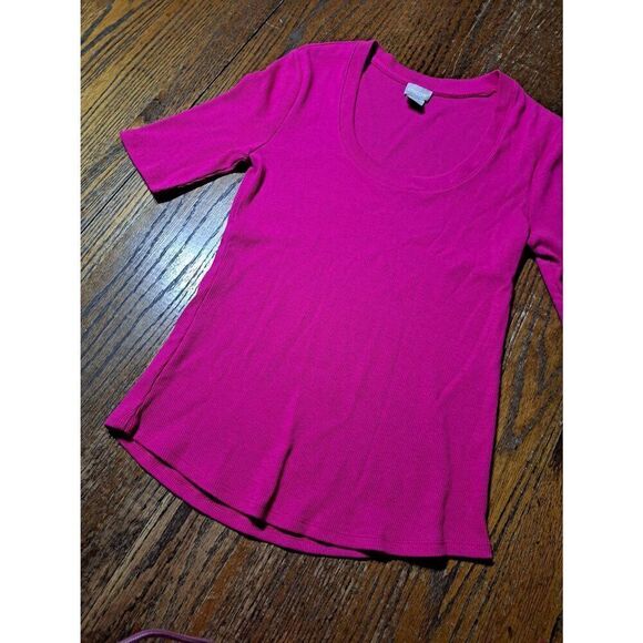XS Chicos 00 Bright Pink Short Sleeve Scoop Neck Ribbed Pullover Shirt Top - Picture 4 of 5